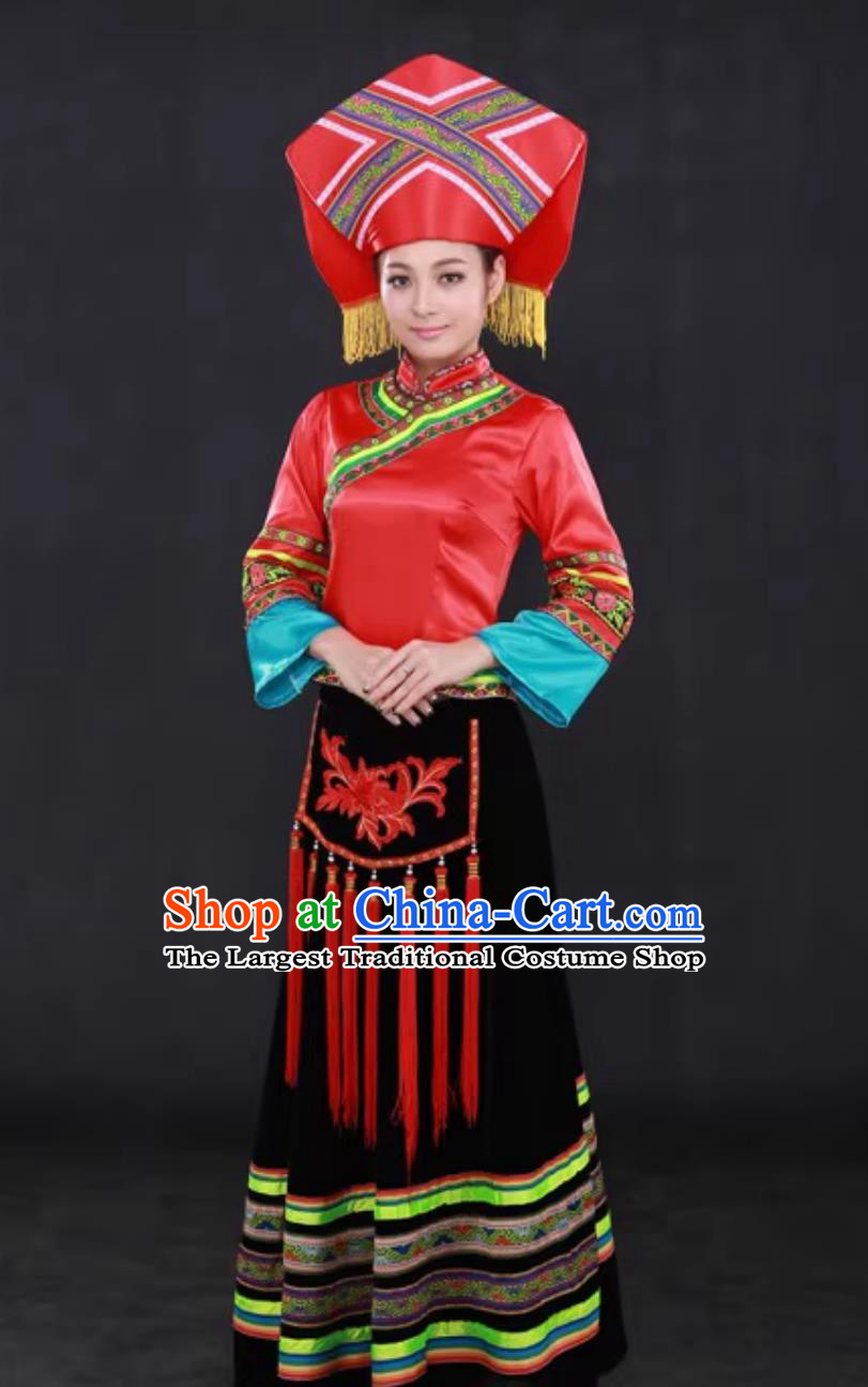 Zhuang Ethnic Dance Performance Red Costume Chinese Traditional Festival Women Dance Minority Outfit