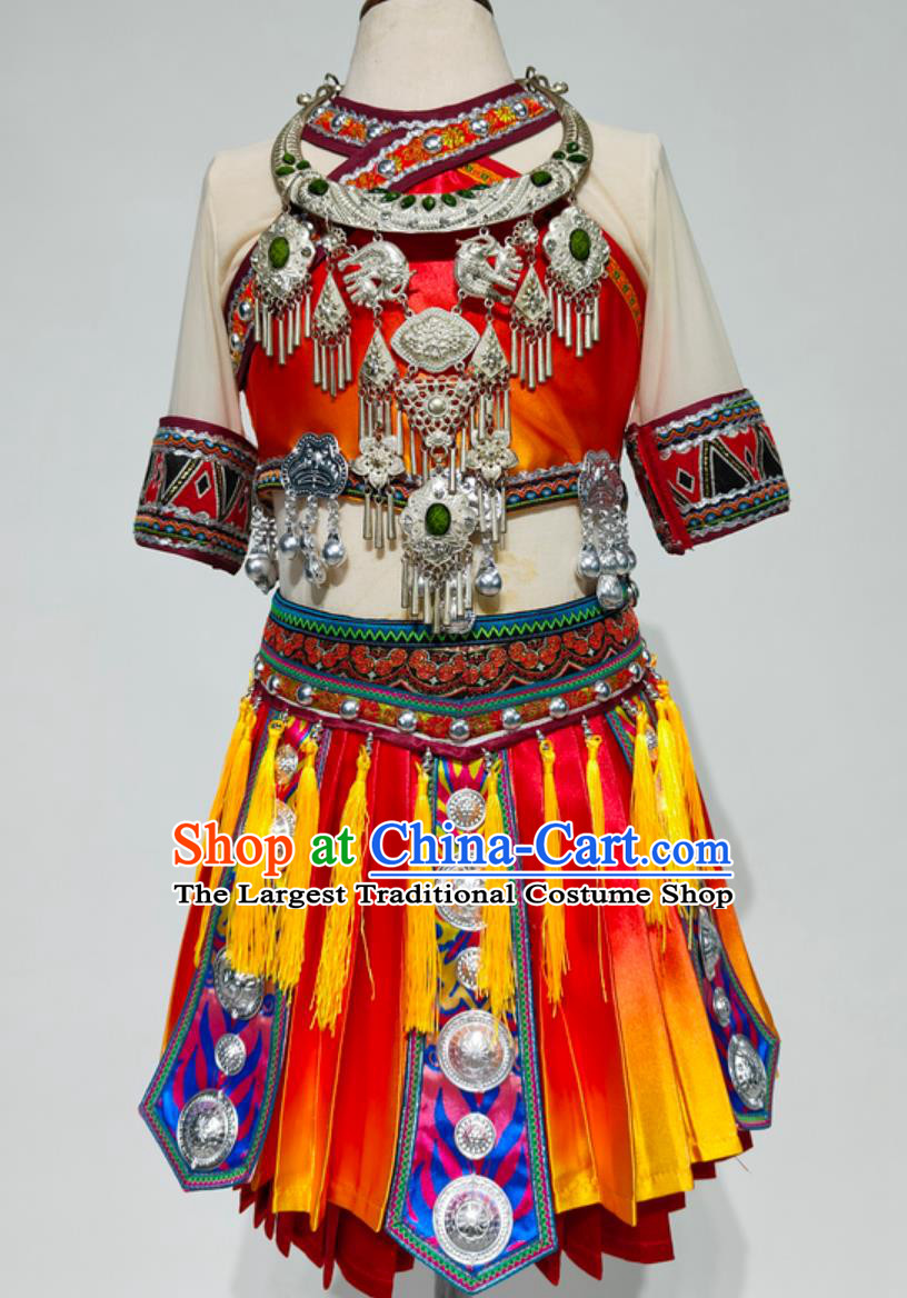 Miao Ethnic Embroidered Costume Chinese School Celebration Little Girls Traditional Performance Attire