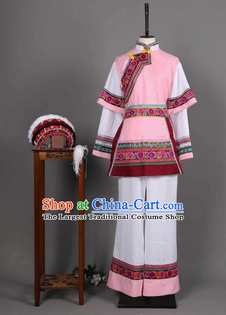 Yunnan Women Dali Embroidered Costume Golden Flower Performance Hulusi Show Attire Chinese Stage Performance Pink Outfit