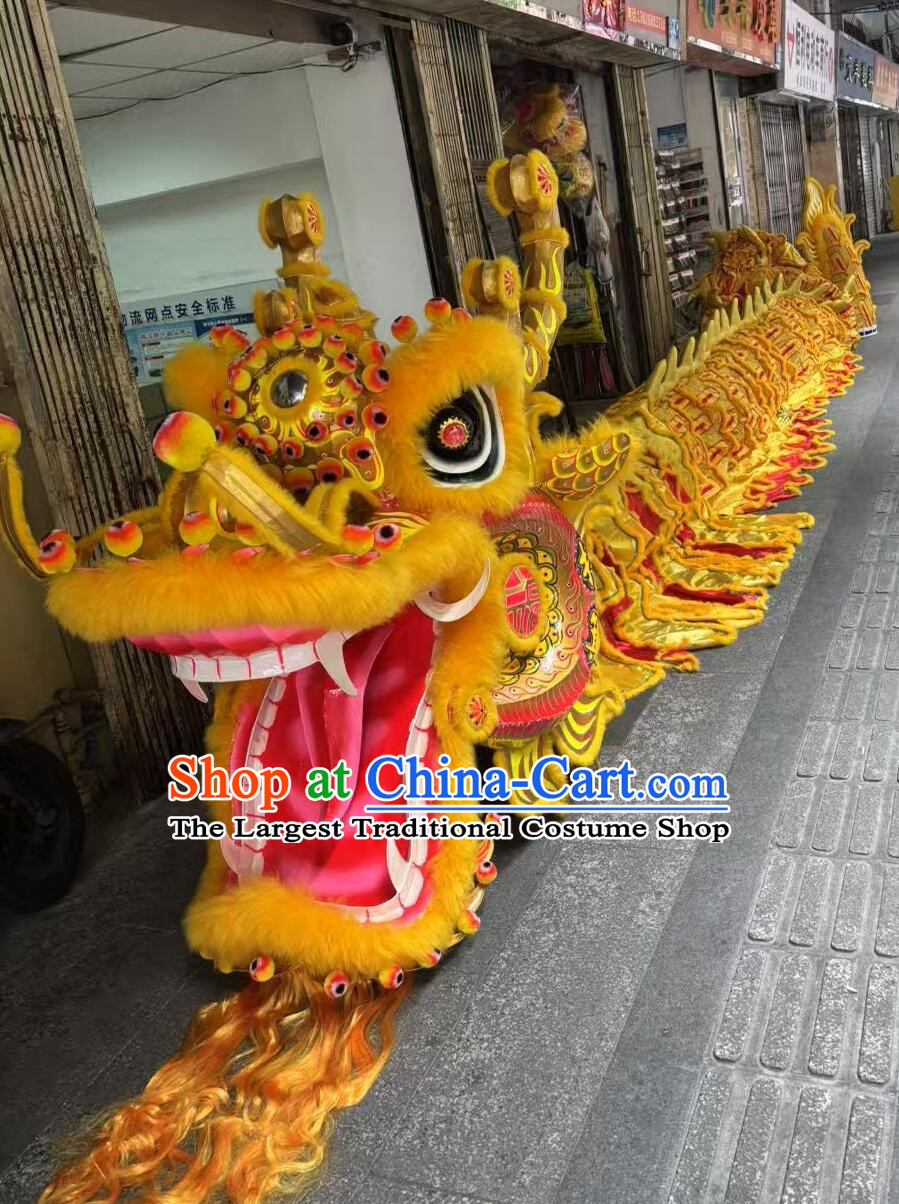 Full Handmade Traditional Giant Dragon Chinese Loong Dance Equipment Golden Wool Dragon Dance Head and Costume Complete Set