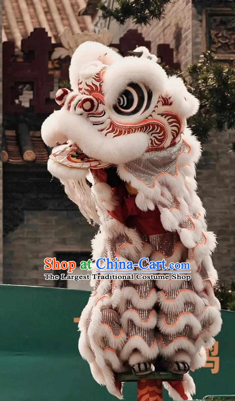 Chinese Festival Celebration Equipment Handmade White Wool Fut San lion Head Traditional Lion Dance Costume Complete Set