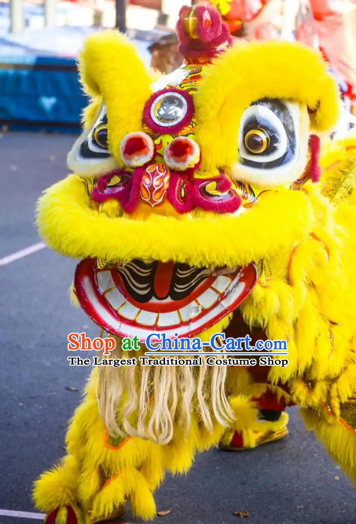 Yellow Wool Handmade LED Lights Mirror Hok San lion Head Chinese Festival Celebration Equipment Traditional Lion Dance Costume Complete Set