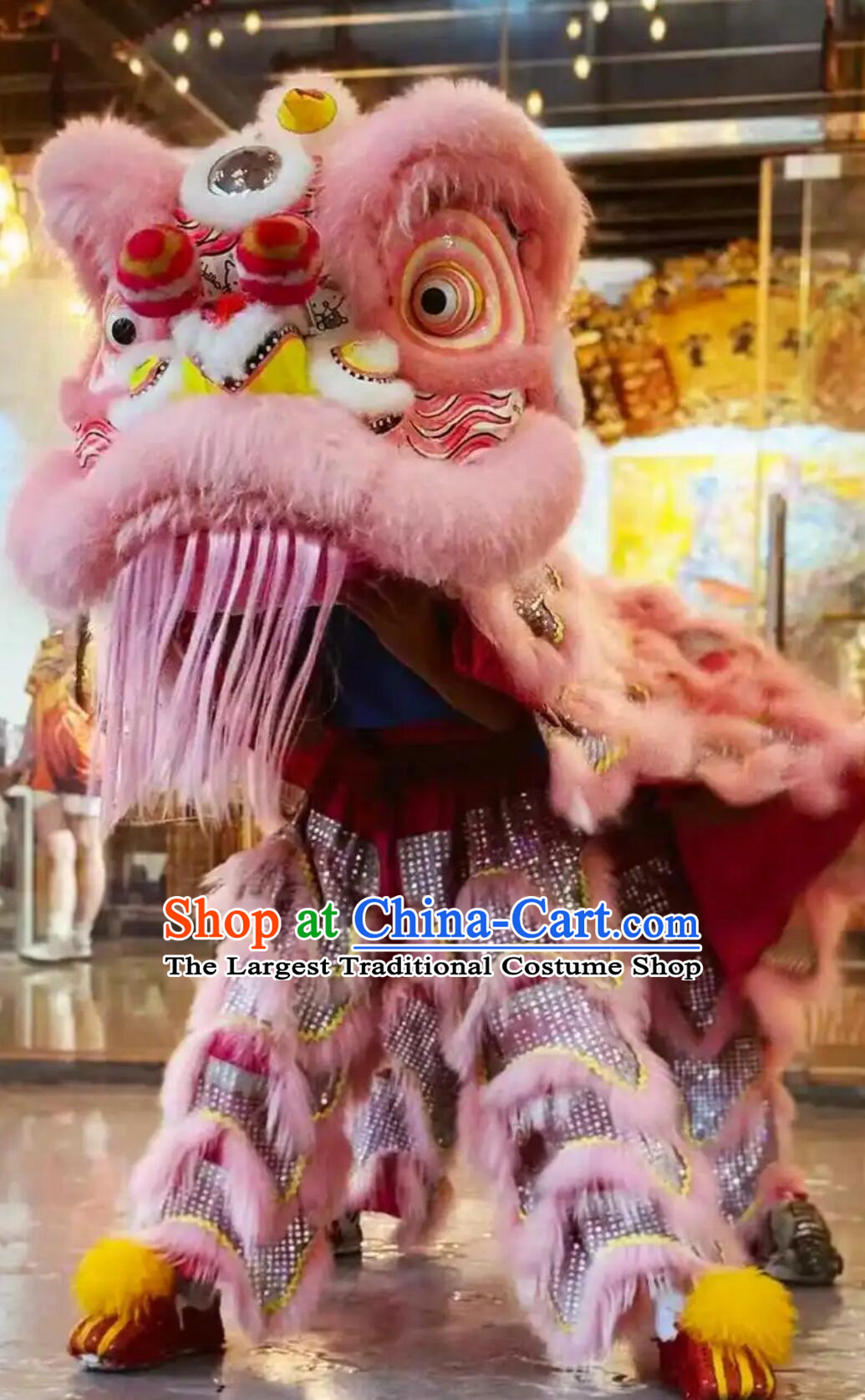 Pink Wool Traditional Lion Dance Costume Handmade Fut San lion Head Chinese Festival Celebration Equipment Complete Set