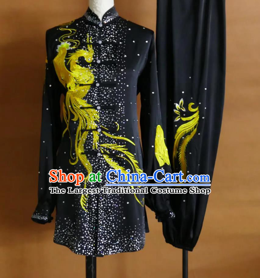 Embroidered Phoenix Crystal Tai Chi Suit Mid Length Qigong Uniform Competition Performance Baduanjin Costume