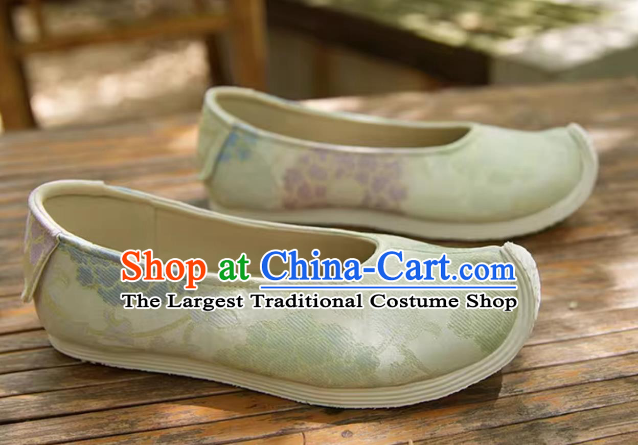 Chinese Light Green Shoes Ming Dynasty Hanfu Shoes Traditional Women Upward Curved Toe Bow Shoes