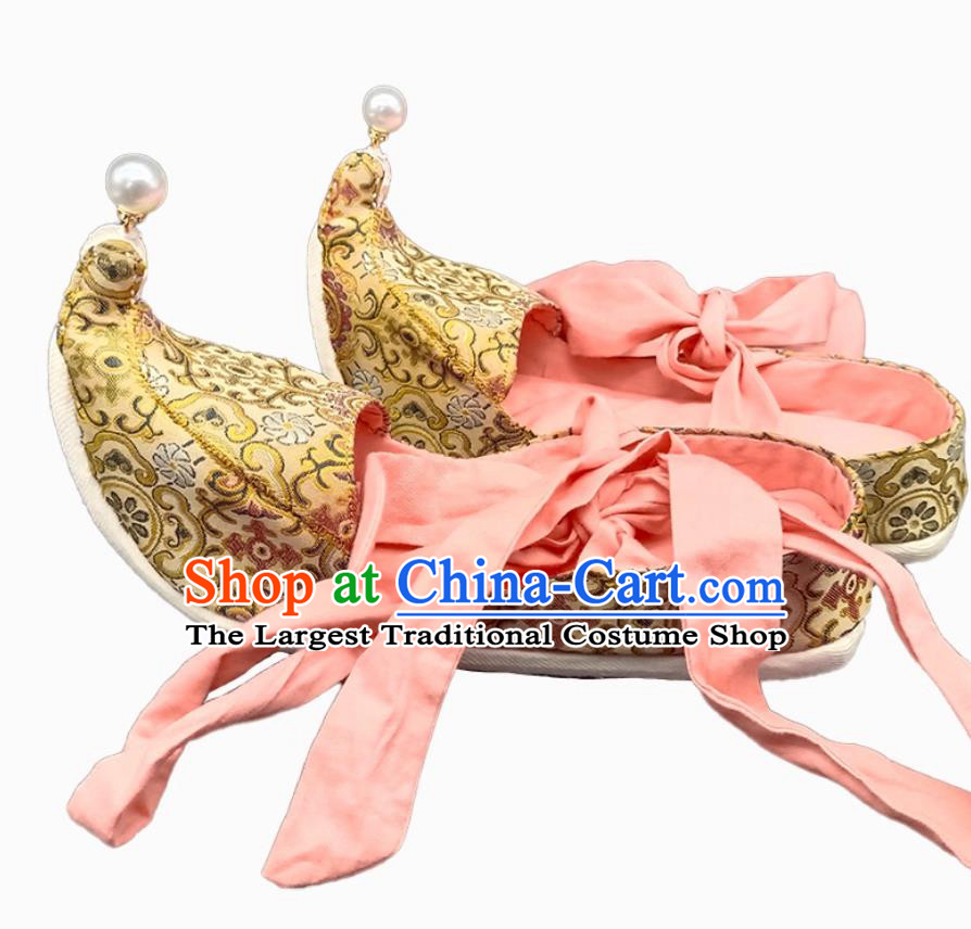 Tang Dynasty Astana Hanfu Shoes Handmade Heritage Thousand Layer Sole Upward Curved Women Shoes
