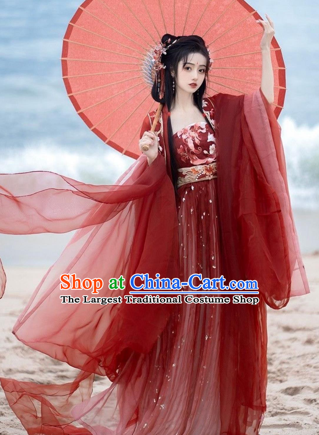Tang Dynasty Embroidered Hanfu Women Wide Sleeve Blouse Hezi Dress Red Outfit Traditional Chinese Clothing