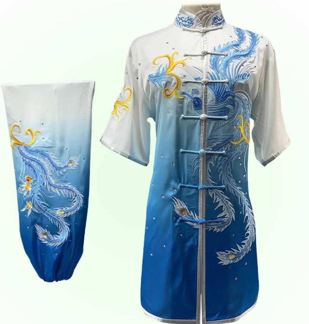 Professional Long Fist Wushu Competition Blue Outfit Embroidery Phoenix Martial Arts Changquan Costume
