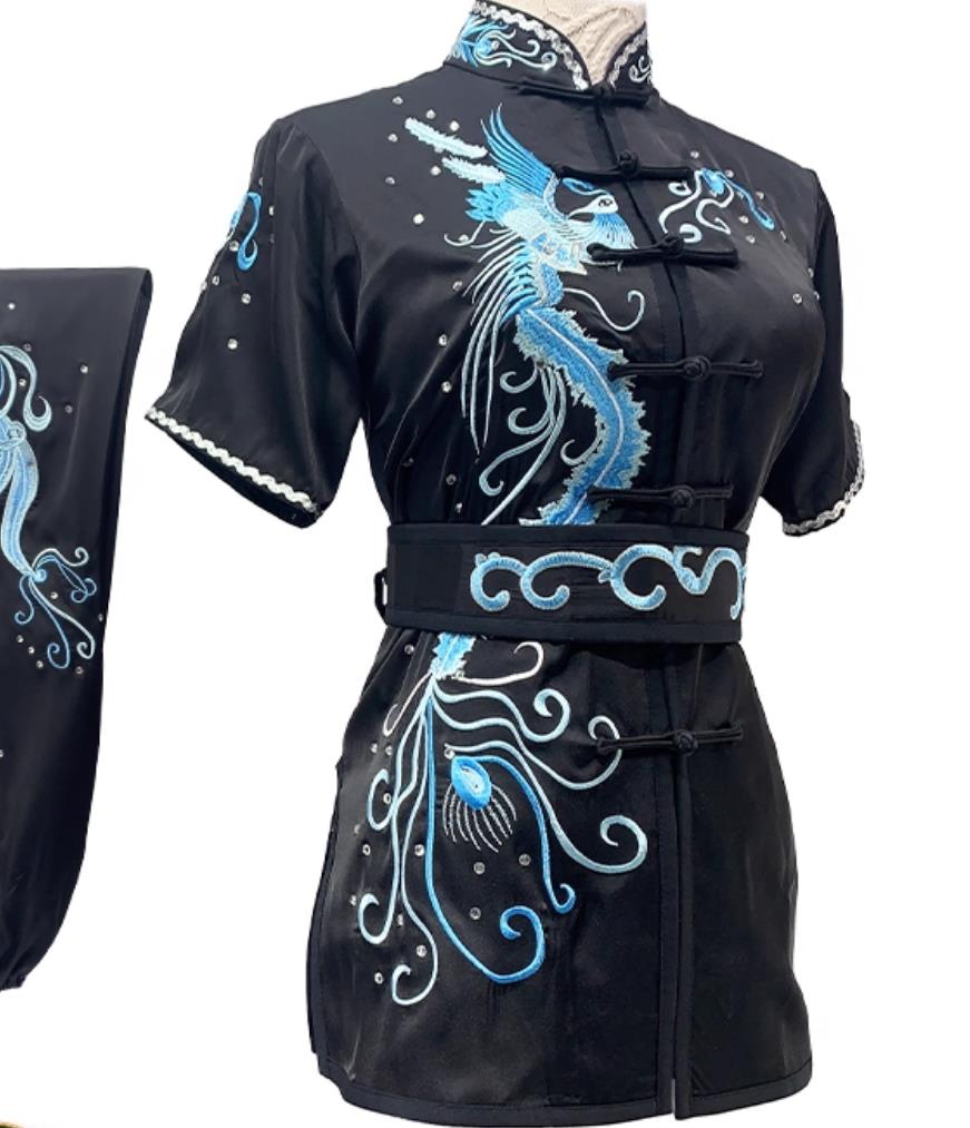 Wushu Competition Outfit Embroidery Phoenix Martial Arts Costume Professional Changquan Performance Black Uniform