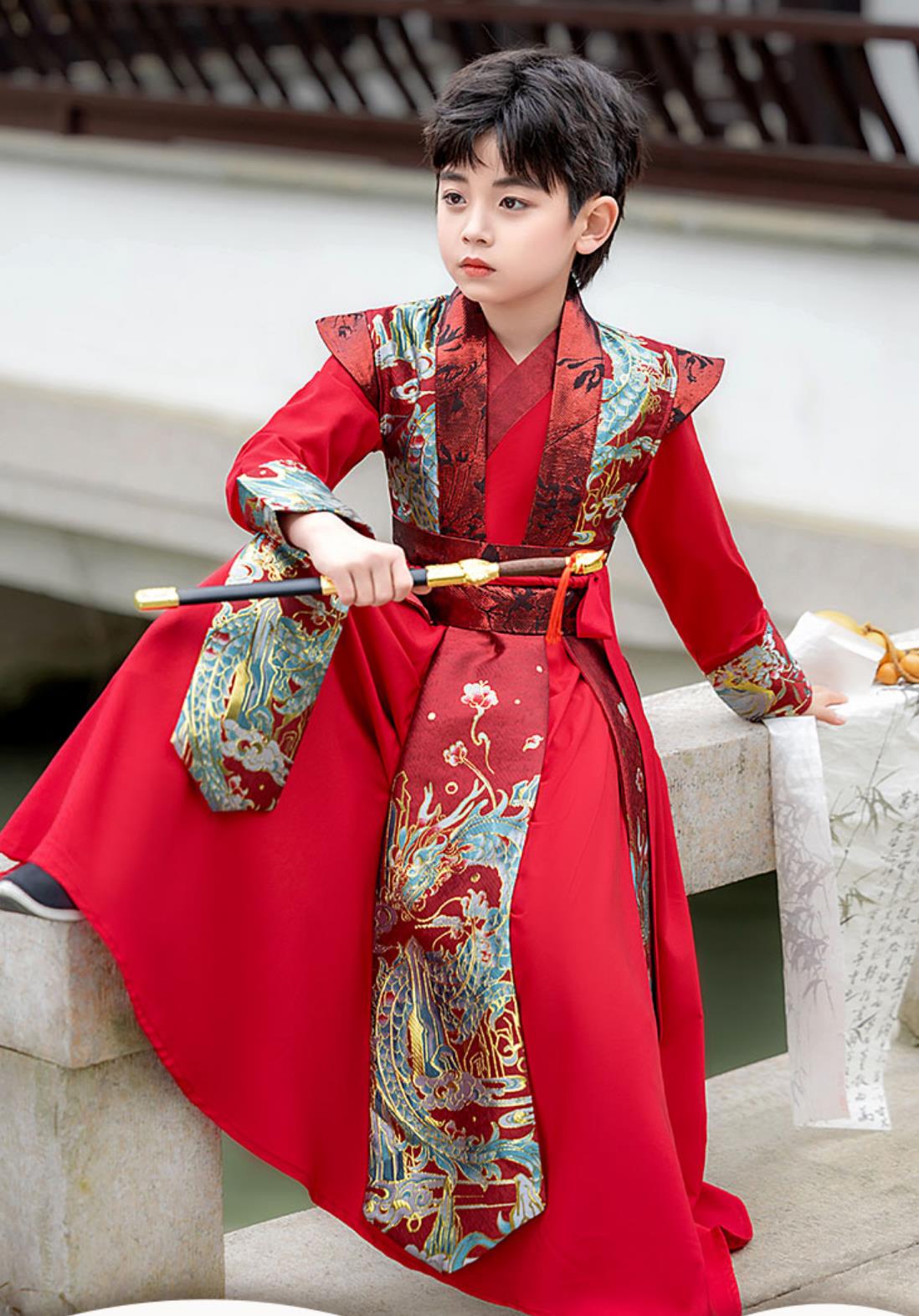 Traditional Chinese Boys Costume Ancient Scholar Red Outfit Handsome Young Master Performance Wear
