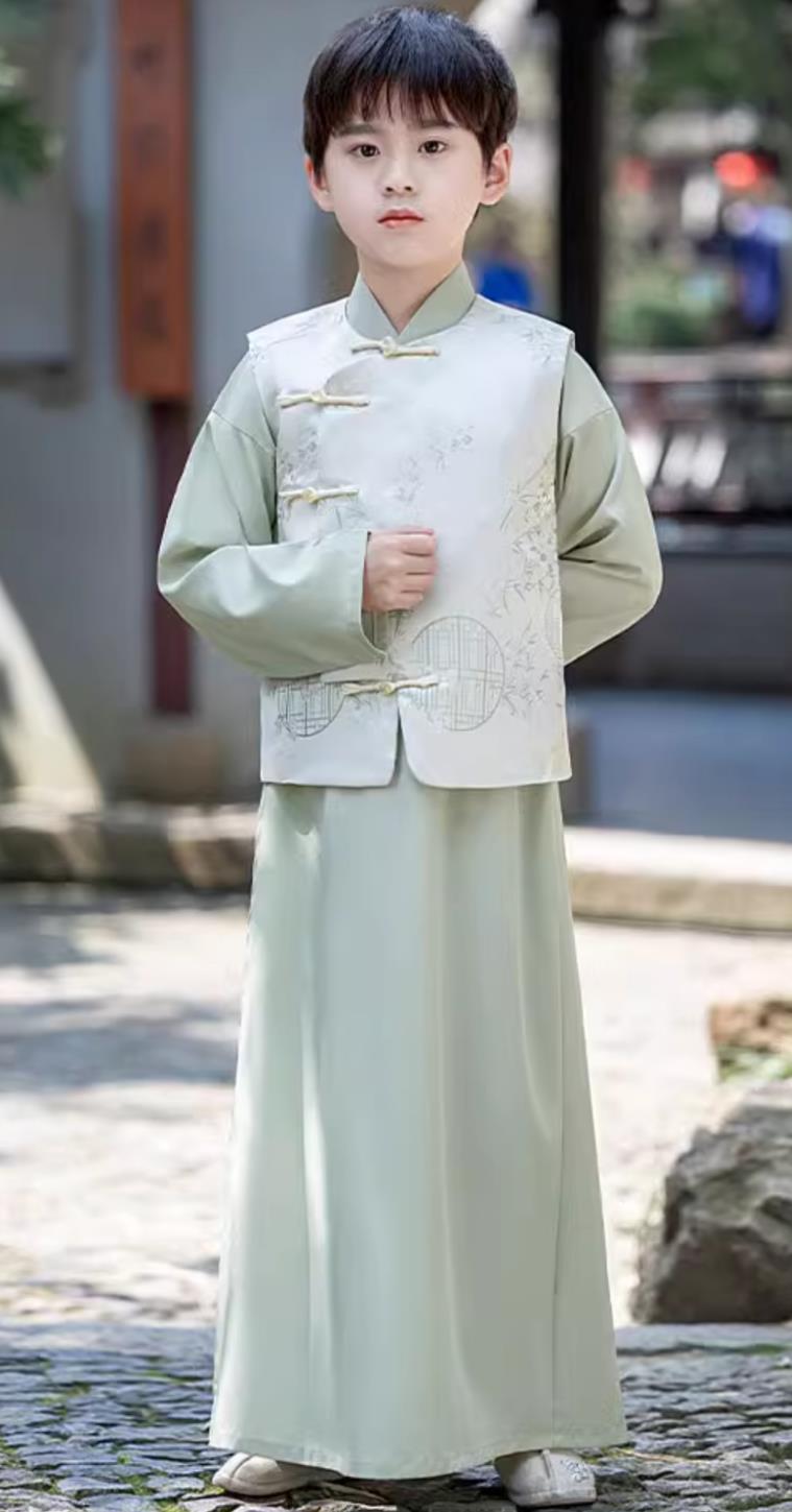 Kids Tang Suit Hanfu Long Gown Robe Handsome Young Master Chinese Boys Mandarin Jacket Traditional Outfit