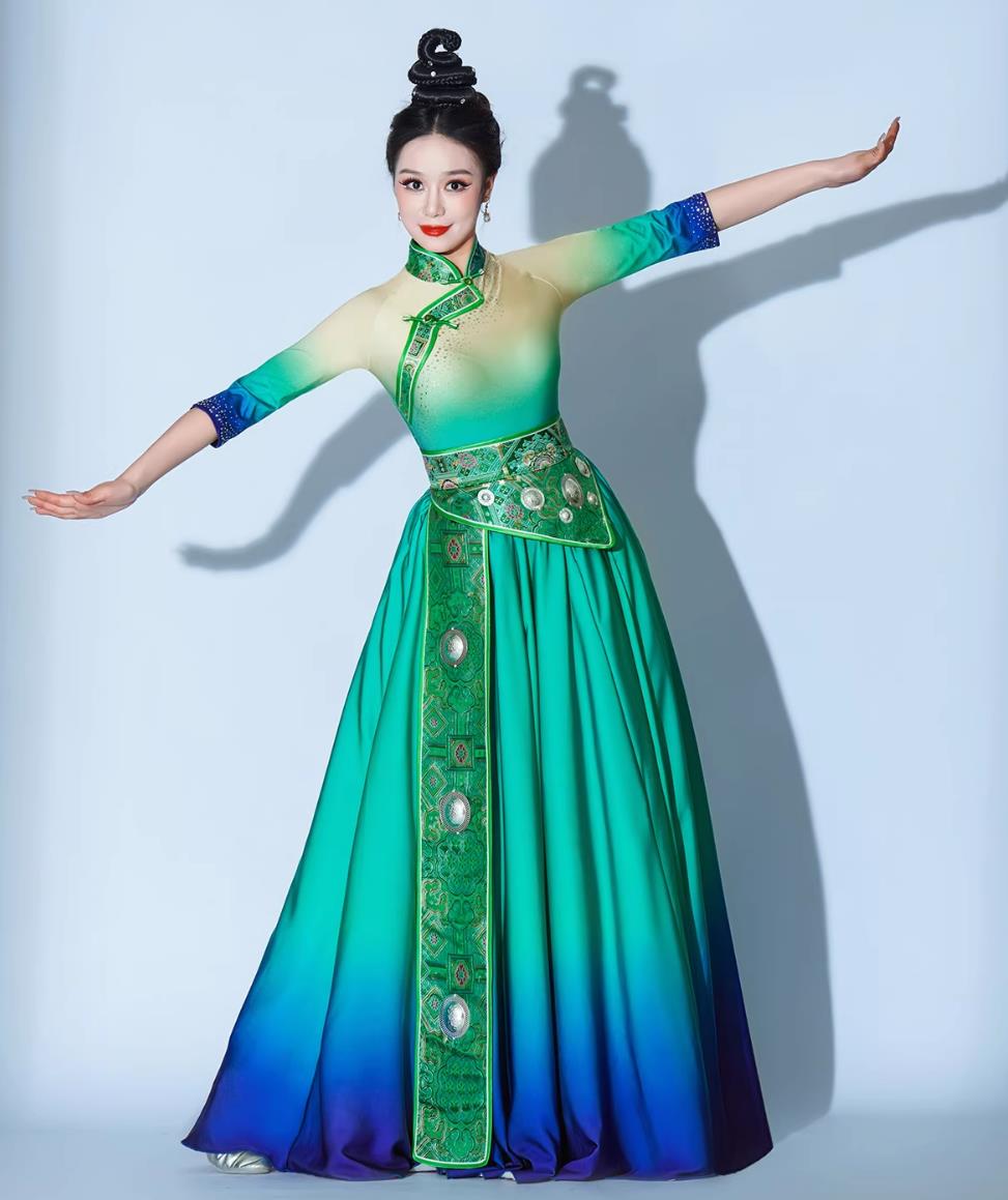 Galsang Flower Dance Performance Costume Chinese Ethnic Clothing Women Tibetan Dance Green Dress