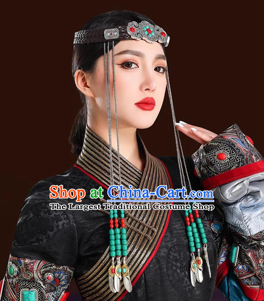 Mongolian Silver Headpiece Chinese Ethnic Hair Accessory Forehead Chain Tassel Dance Show Headwear