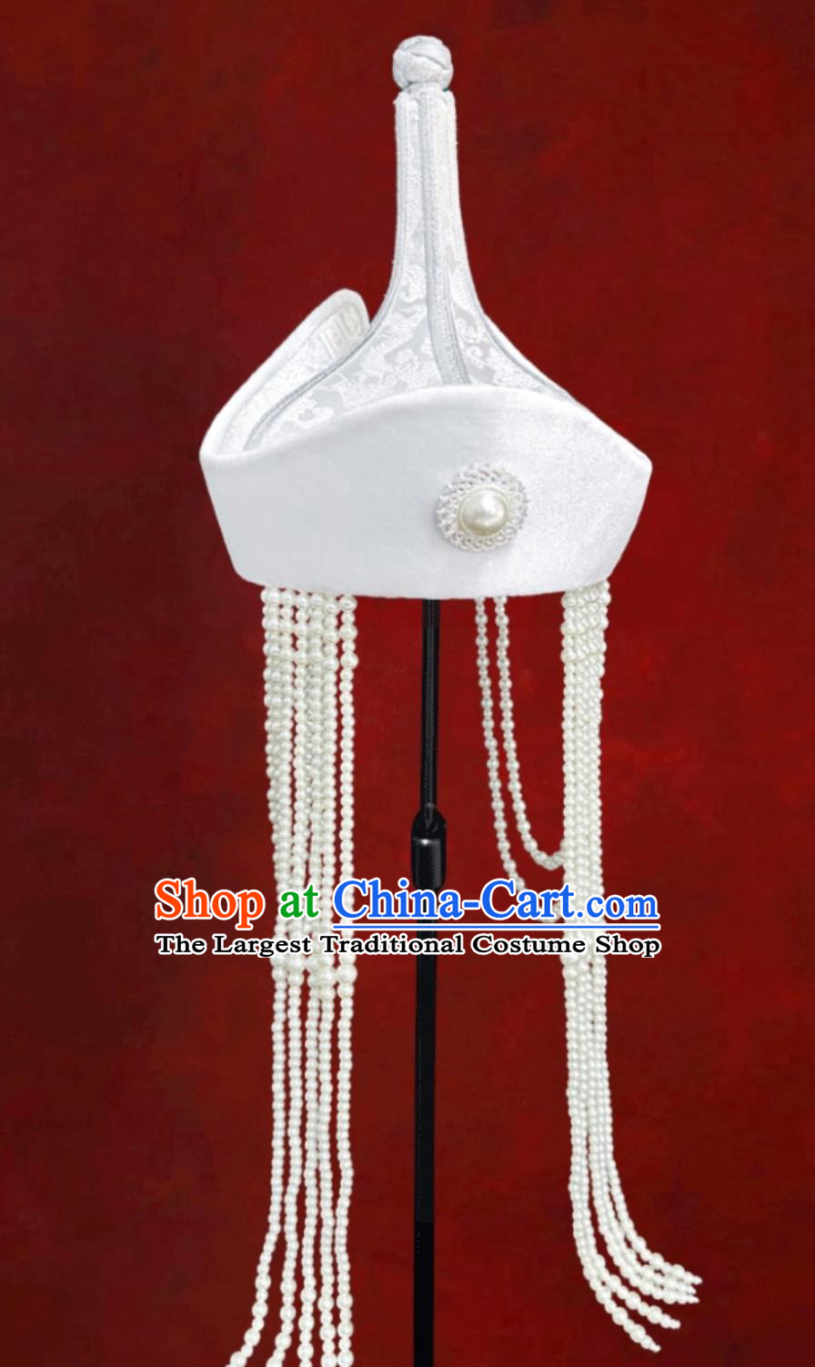 White Ethnic High Top Pointed Tassel Headpiece Mongolian Dance Performance Chinese Hair Accessory Forehead Decoration Hat