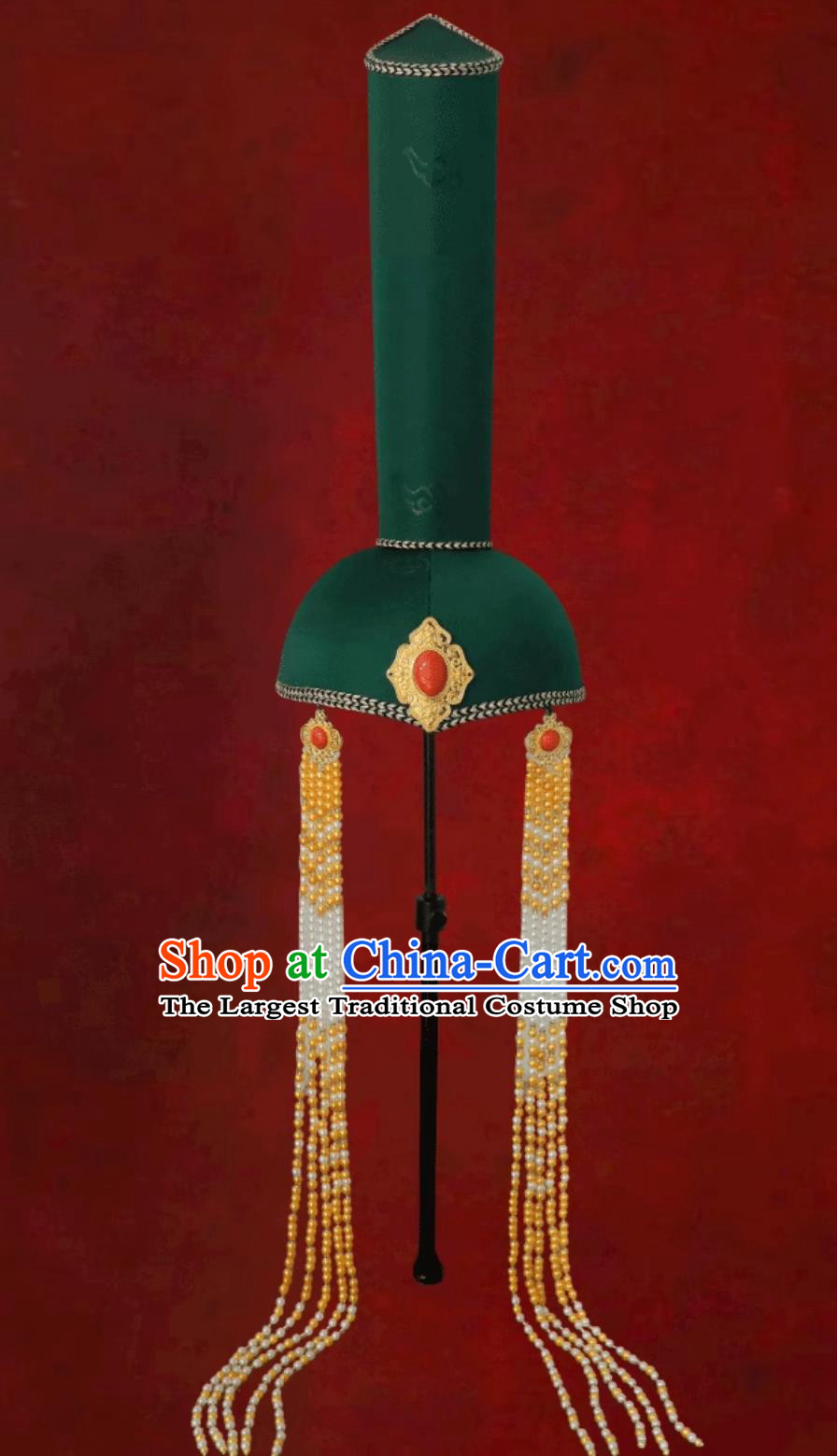 Mongolian Ladies Green Tassel High Top Hat Chinese Dance Performance Wedding Show Headpiece