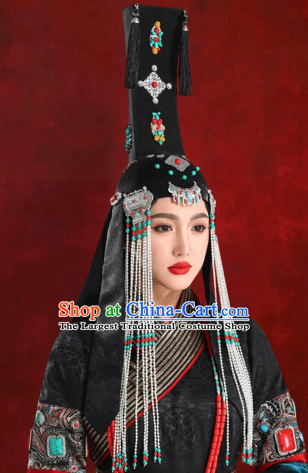 Mongolian Ladies Black Princess Hat Chinese Mongolia Dance Performance Headwear Stage Show Headpiece