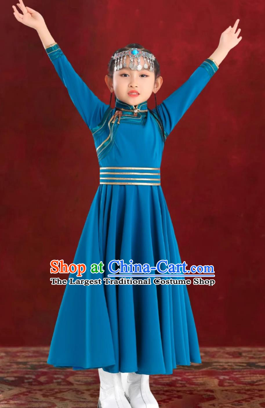 Teal Girls Mongolian Robe Chinese Mongolia Ethnic Stage Costume Performance Dress