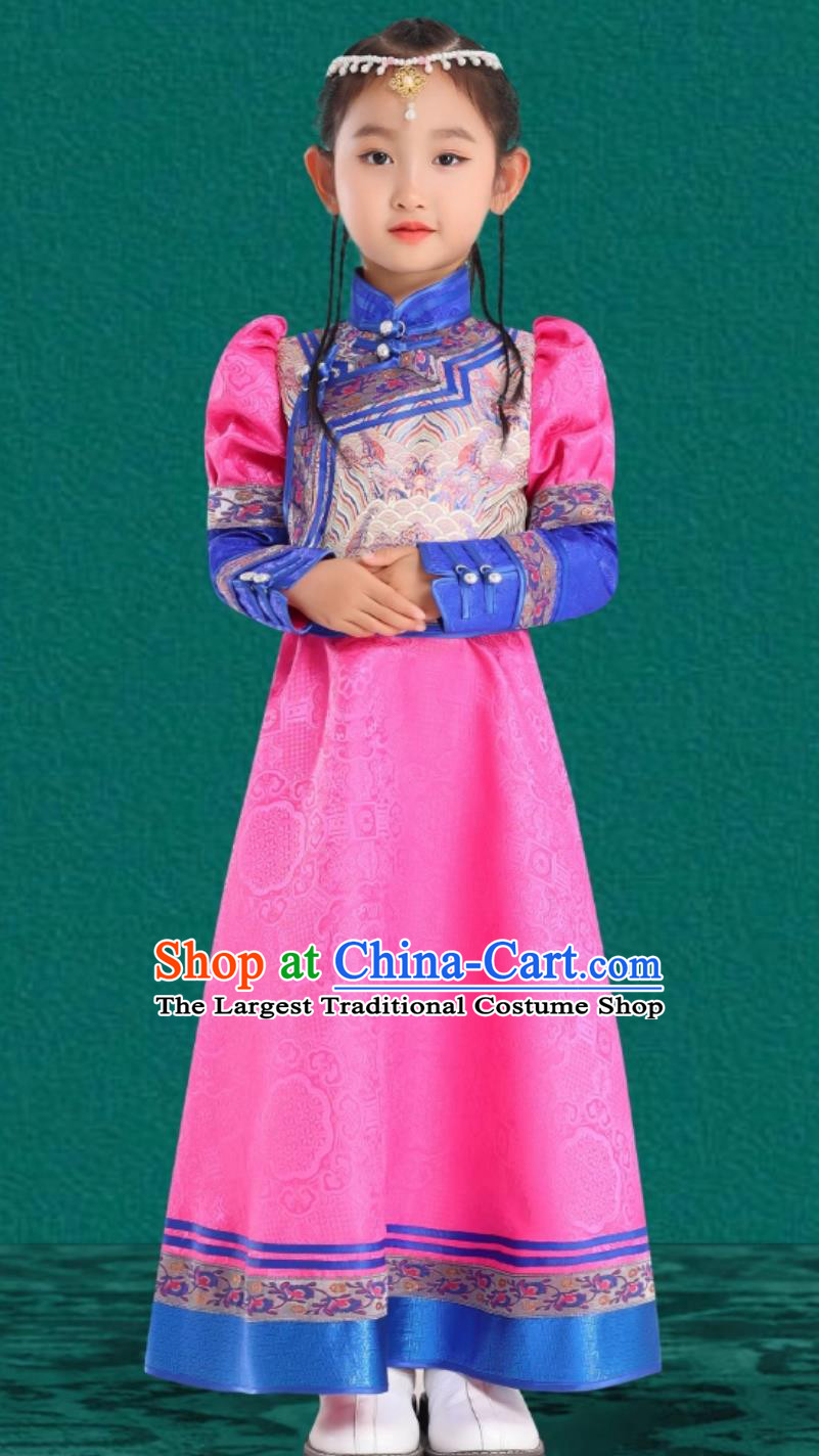 Pink Girls Mongolian Robe Chinese Mongolia Ethnic Minority Dress Stage Performance Costume