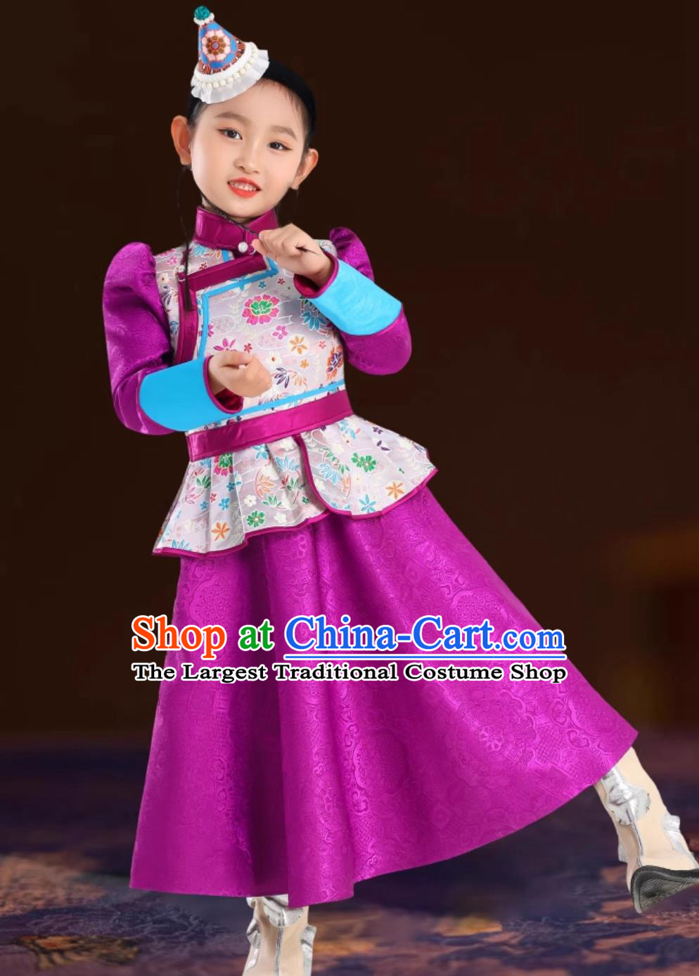 Purple Girls Mongolian Robe Mongolia Ethnic Dress Stage Costume Performance Princess Dress