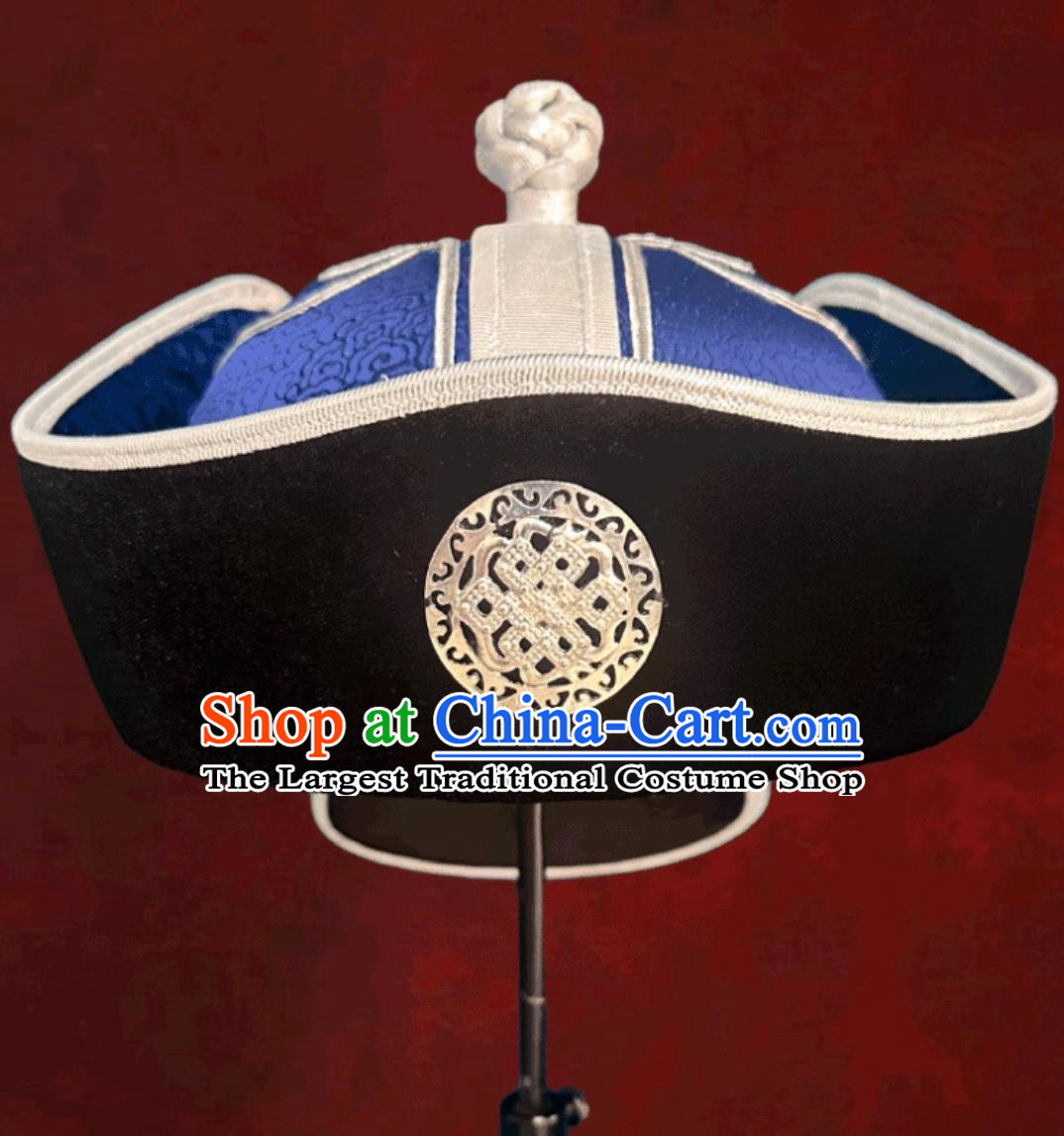 Navy Blue Prince Hat Mongolian Mens Hat Chinese Ethnic Dance Performance Headpiece Groom Wedding Headwear