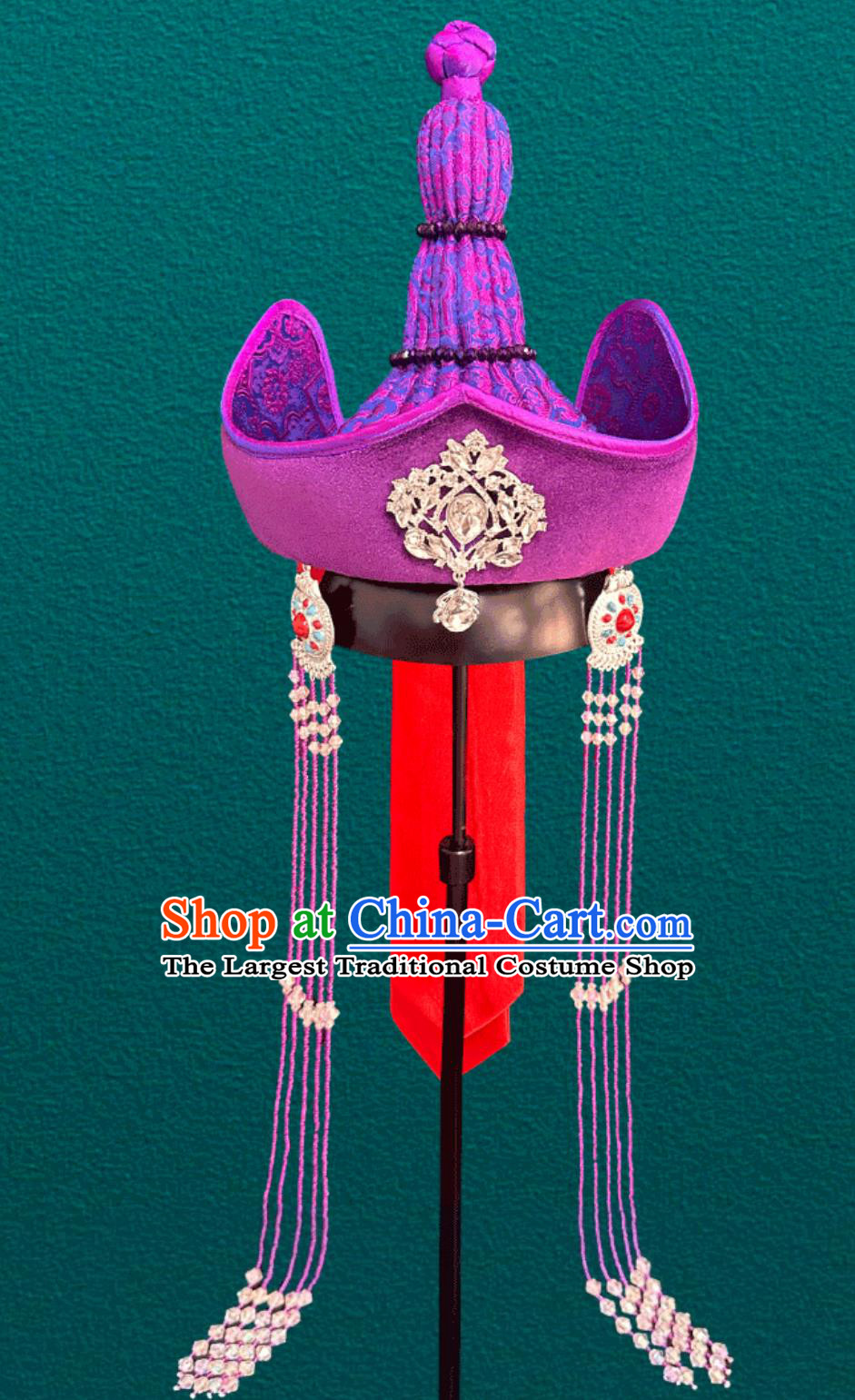 Chinese Mongolian Ladies Purple Tassel Hat Ethnic Dance Performance Wedding Show Headpiece