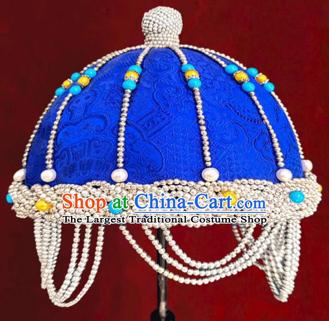 Mongolian Ladies Blue Hat Mongolia Ethnic Dance Performance Headwear Wedding Show Bride Headpiece