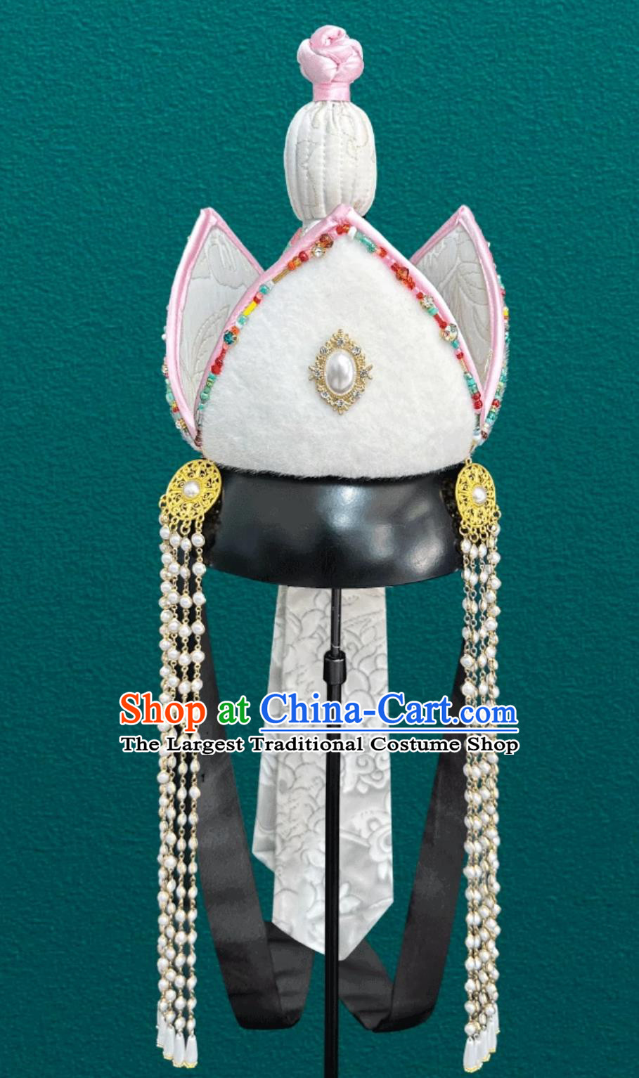 Mongolian White Tassel Ethnic Hat Chinese Dance Performance Wedding Show Headpiece