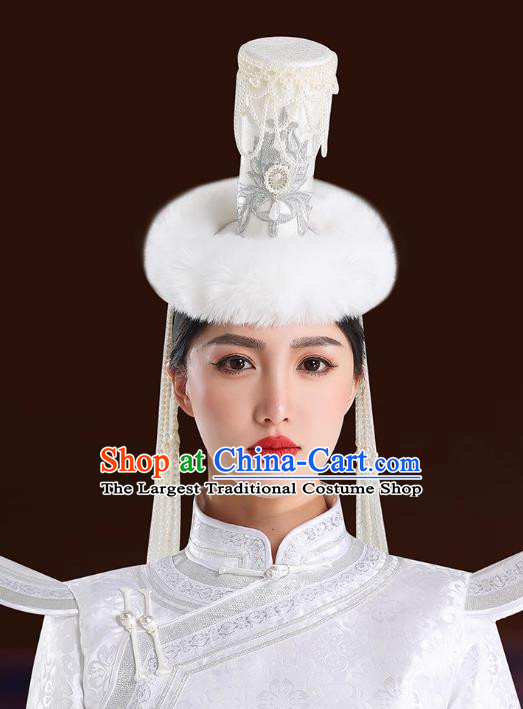 Mongolian Ladies White Tassel High Top Fuzzy Hat Dance Performance Wedding Show Headpiece Bride Headwear