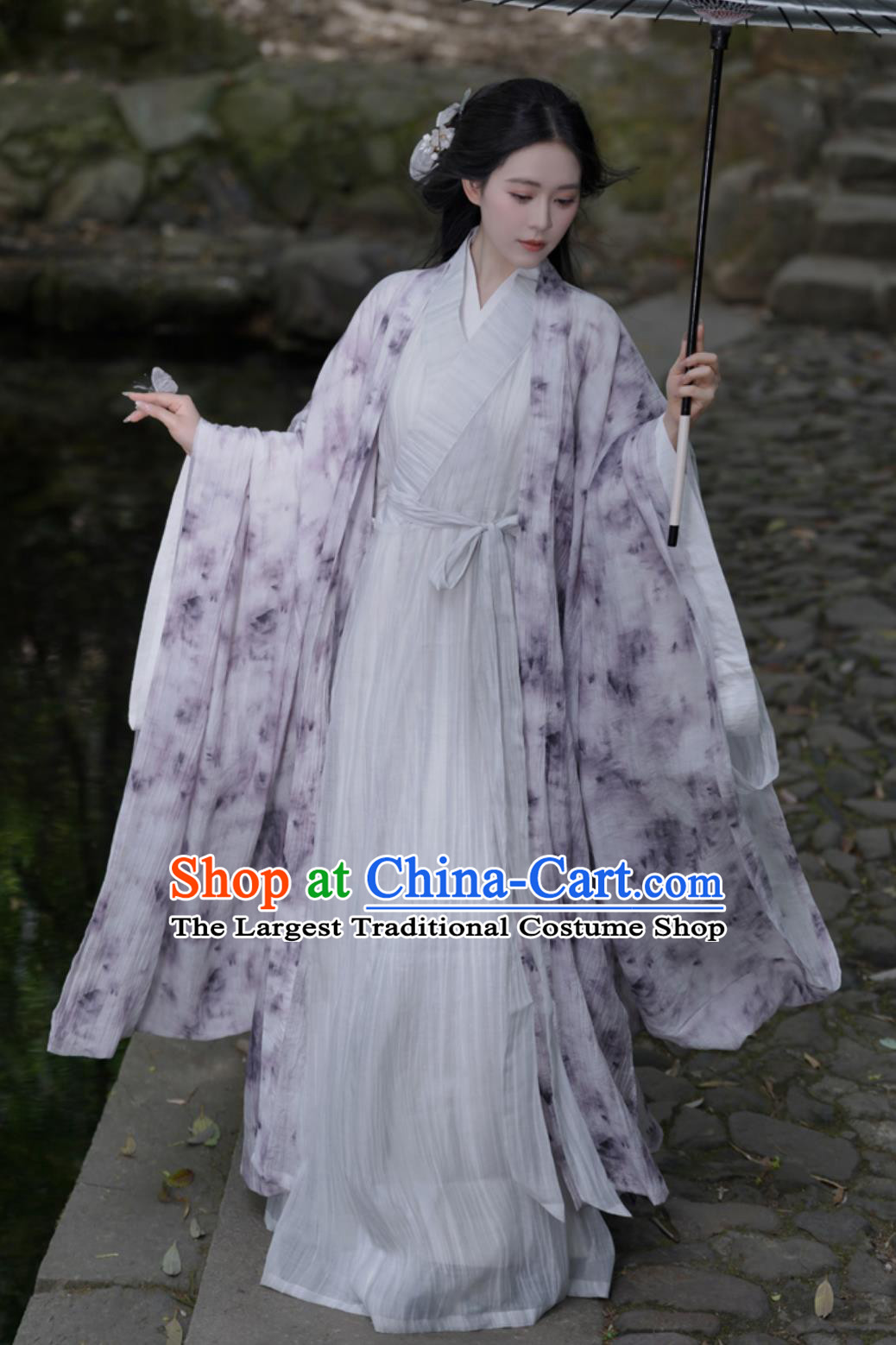 Wei Jin Style Printed Wide Sleeve Robe Traditional Chinese Clothing Cross Collar Straight Hem Hanfu Robe