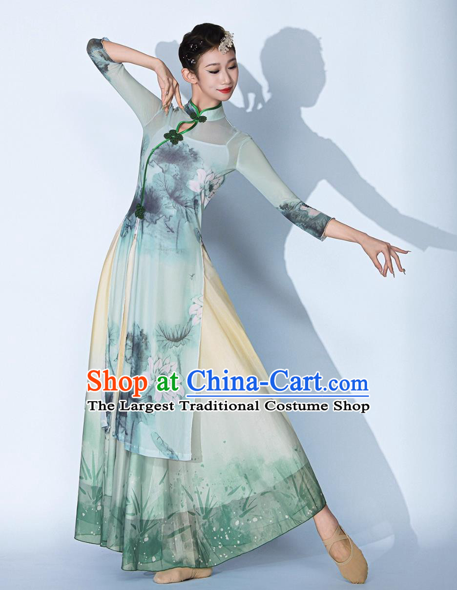 Qipao Classical Dance Performance Costume Chiffon Clothing Ink Painting Lotus Dance Performance Attire