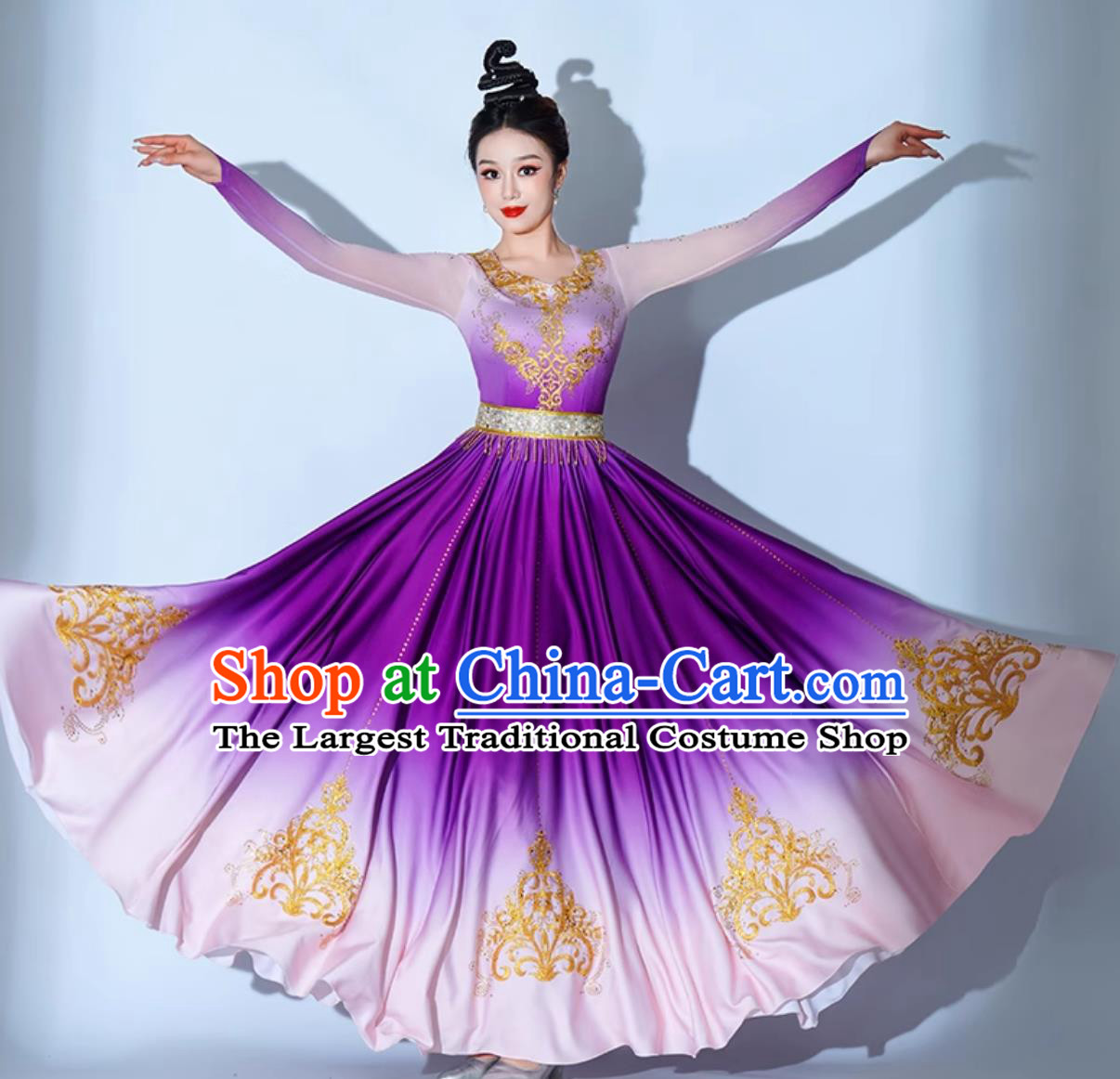 Xinjiang Dance Performance Costume Minority Ethnic Clothing Women Uyghur Dance Attire Purple Dress