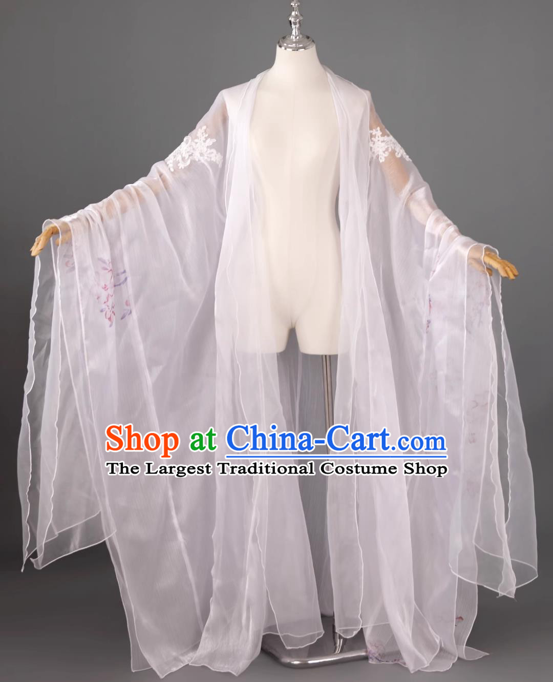 DaXiu Shan Floral Print Single Piece White Cape Chinese Style Dance Coat Performance Hanfu