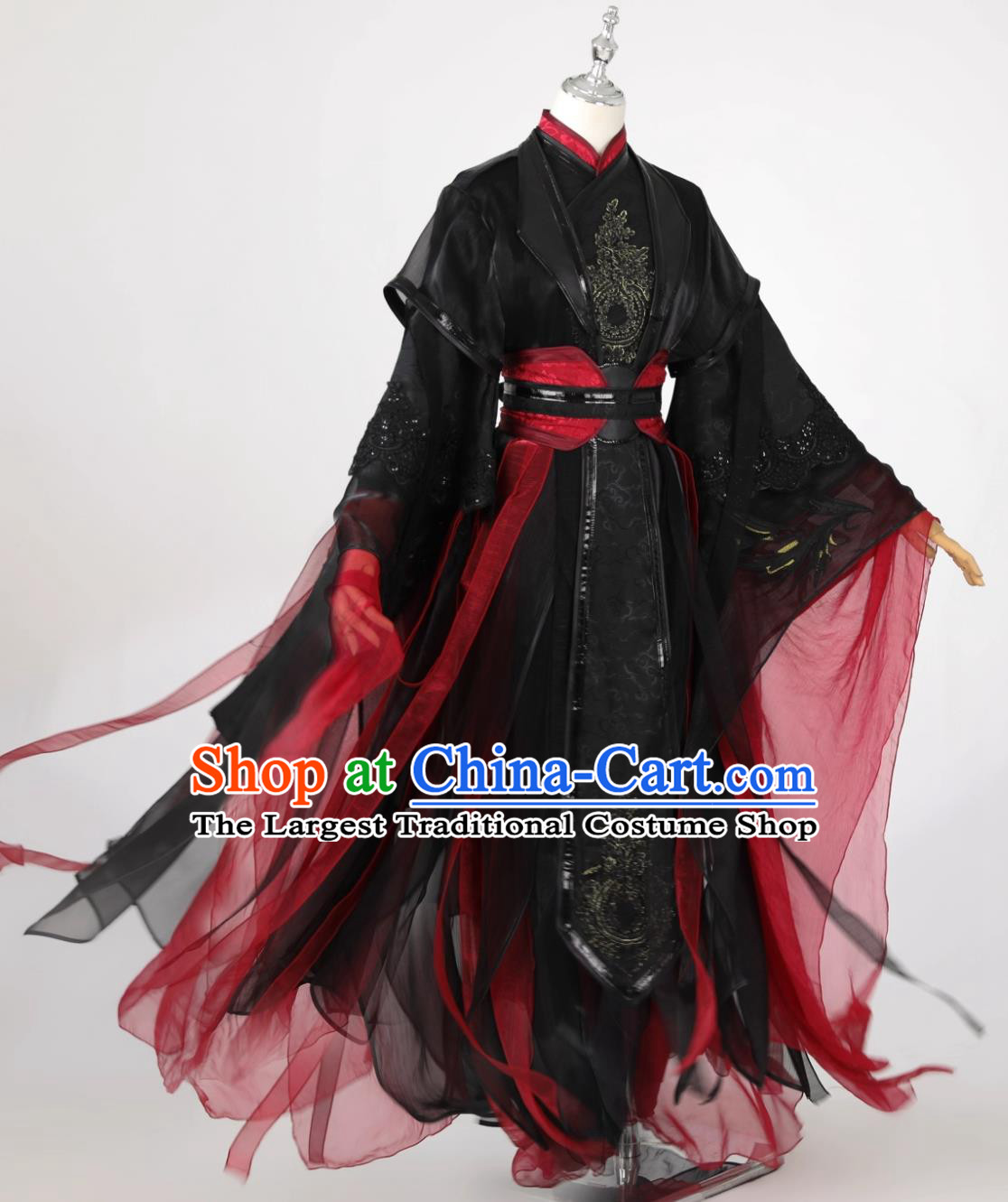 Ancient Chinese Swordsman Costume Cosplay Warrior Outfit Traditional Wuxia Black and Red Hanfu Clothing