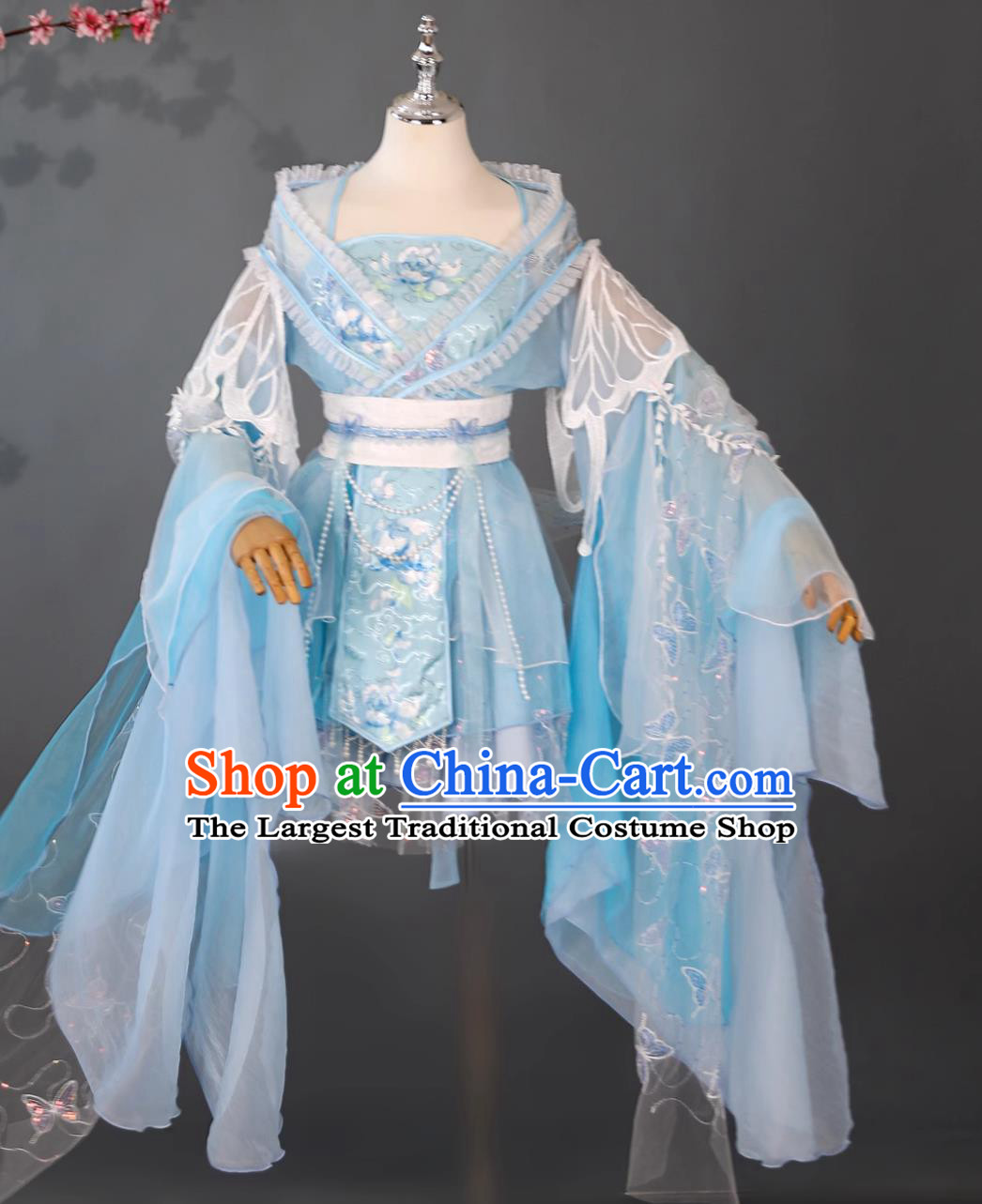 Blue Chinese Princess Short Dress Traditional Water Sleeves Classical Dance Attire Ancient Fairy Costume