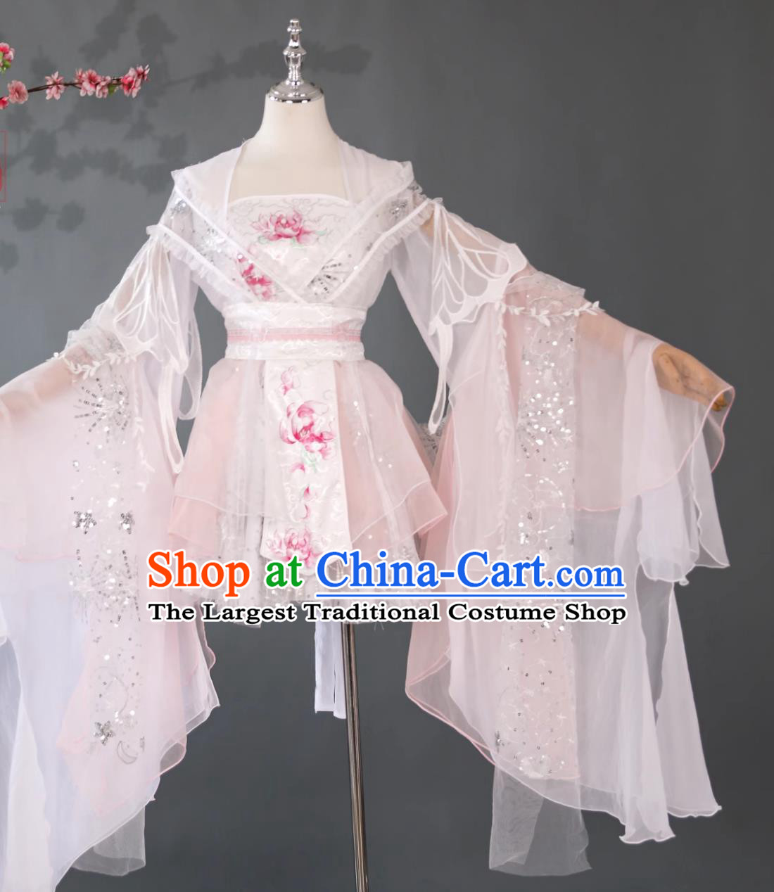 Ancient Fairy Costume White Chinese Princess Short Dress Traditional Water Sleeves Classical Dance Attire