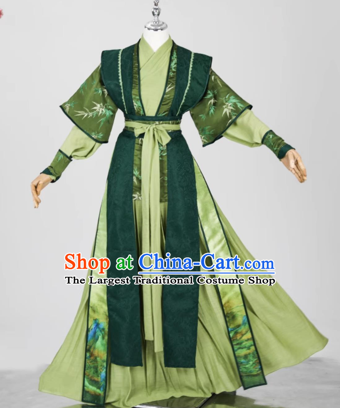 Green Ancient Style Costume Mens Bamboo Hanfu Traditional Chinese Swordsman Clothing
