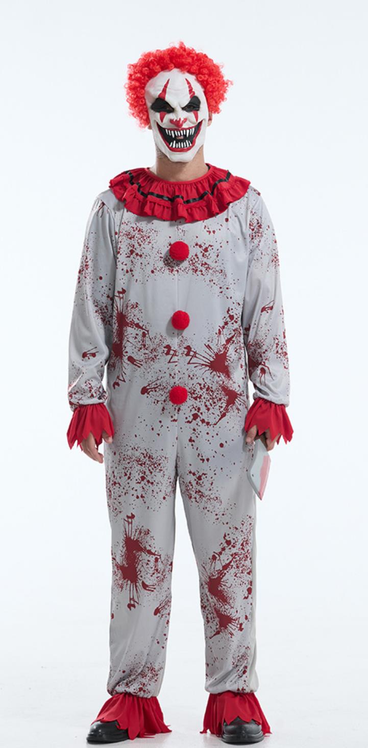 Halloween Scary Clown Costume Red Blood Stains Horror Jumpsuit Outfit Escape Room Prop Attire