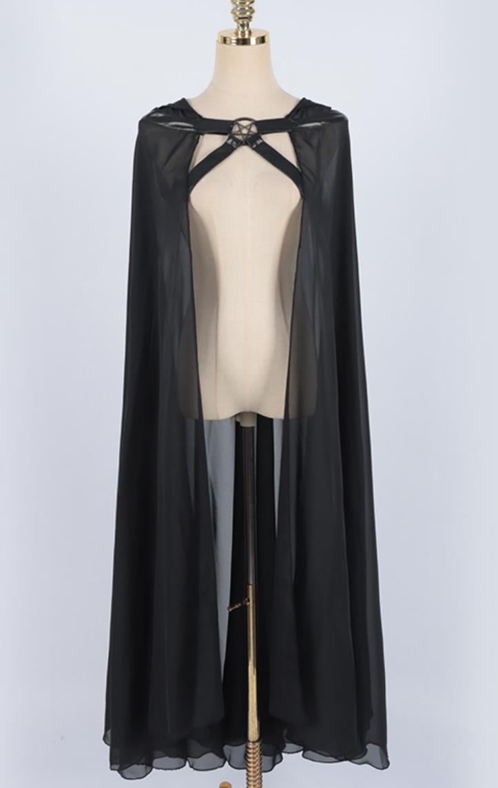 Halloween Black Mesh Cape Women Cos Mysterious Ritual Cloak Vintage Saint Transparent Hooded Long Shawl