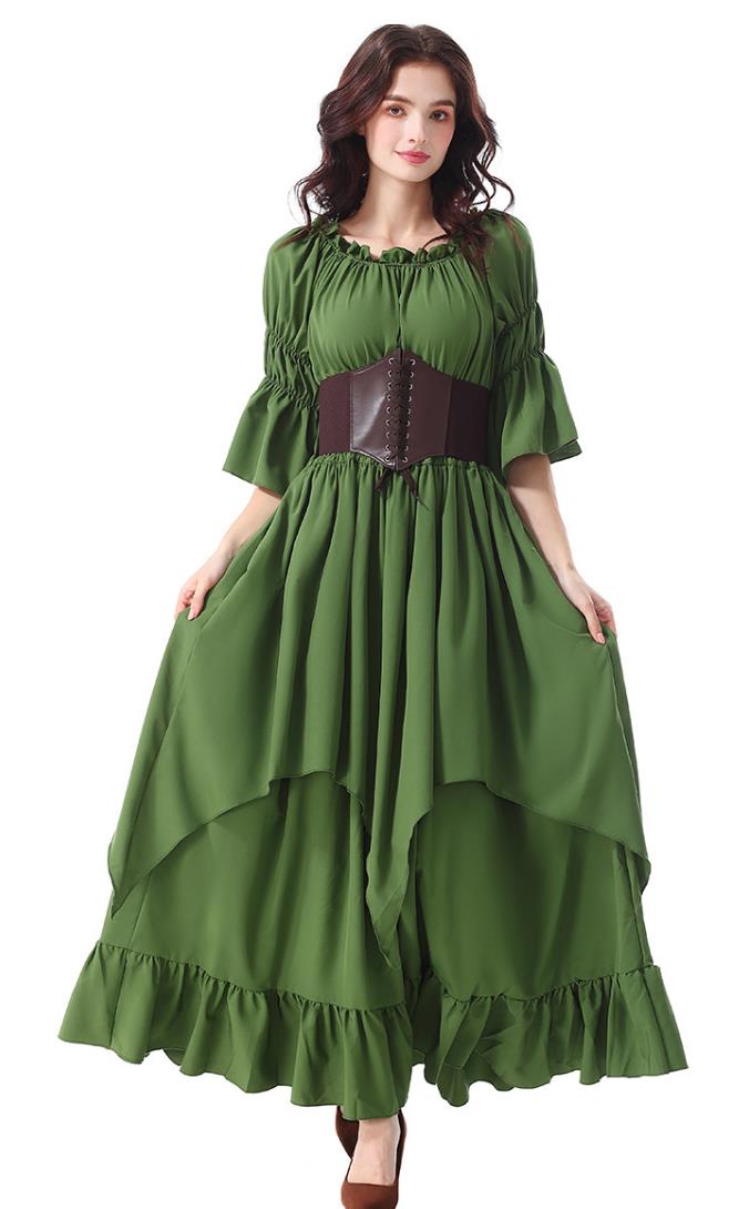 Medieval Vintage Dress England Style Gown Ruffled Waist Tailored Pleated Long Dress Stage Drama Dark Green Off The Shoulder Performance Costume