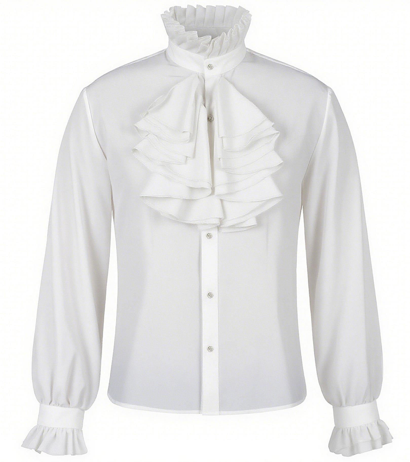 Medieval European Long Sleeve Vintage Shirt England UK Ruffled Frill Collar Lace Cuff White Base Layer Top