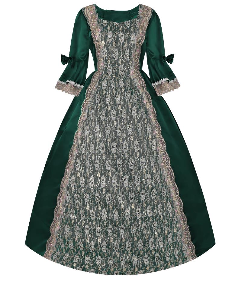 Halloween European Court Vintage Lace Dress Performance Dance Costume England UK Noble Ball Green Gown