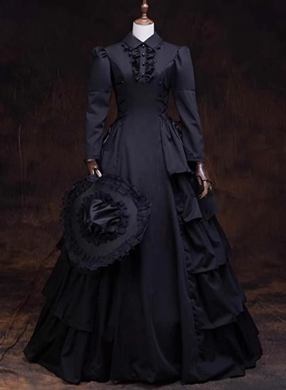 Medieval Black Long Full Gown Cosplay Queen Princess Performance Gothic Long Sleeve Tiered Dress