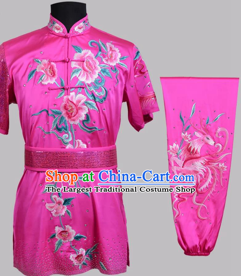 Rose Pink Phoenix Embroidered Wushu Competition Costume Changquan Performance Wear Martial Arts Clothing