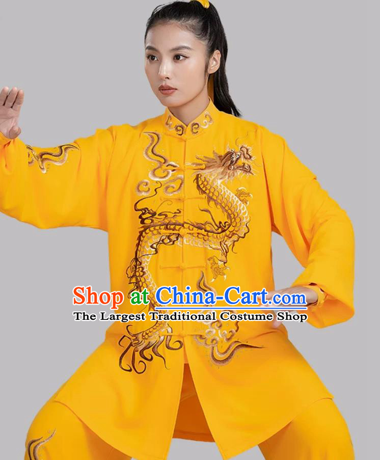 Yellow Taiji Competition Performance Clothing Embroidered Dragon Tai Chi Uniform Baduanjin Qigong Training Wear