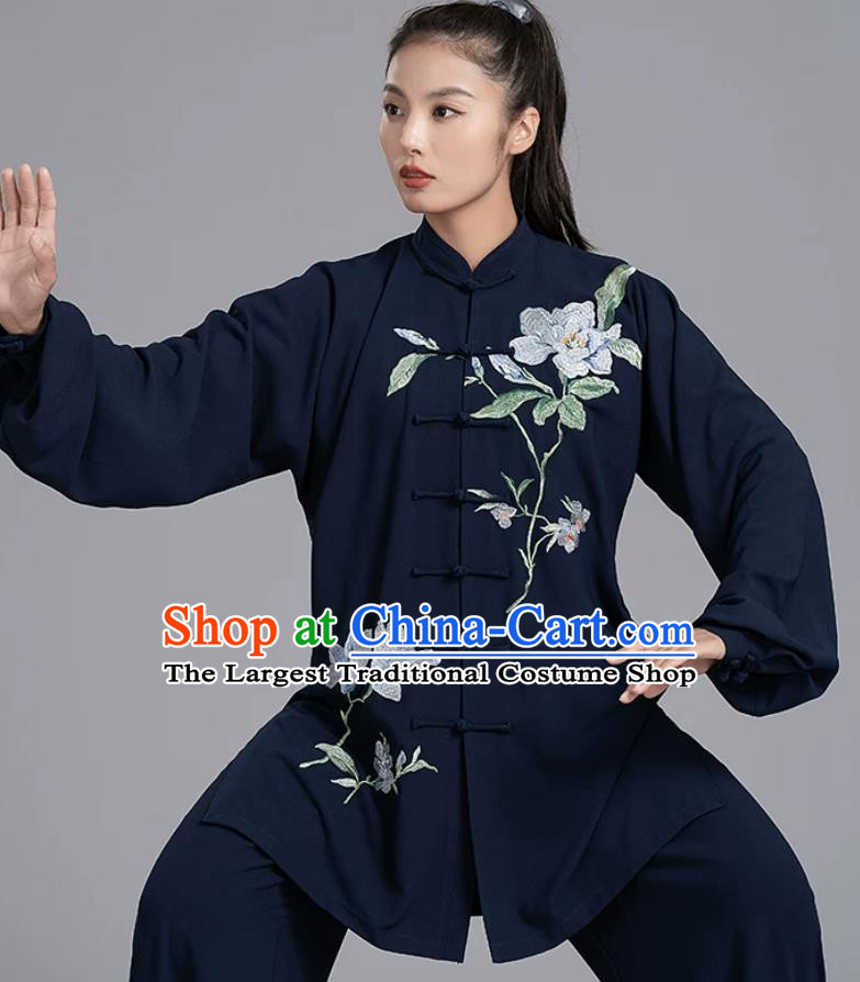 Embroidered Dark Blue Tai Chi Suit Baduanjin Qigong Performance Training Costume Kung Fu Taijichuan Clothing