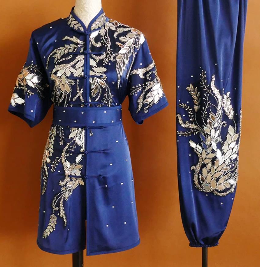 Dark Blue Embroidered Martial Arts Uniform Changquan Suit Students Children Training Clothing Wushu Competition Performance Costume
