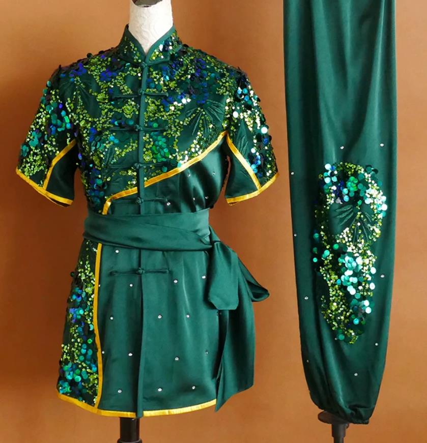 Green Sequin Embroidered Martial Arts Uniform Wushu Competition Professional Clothing Changquan Suit Children Performance Costume