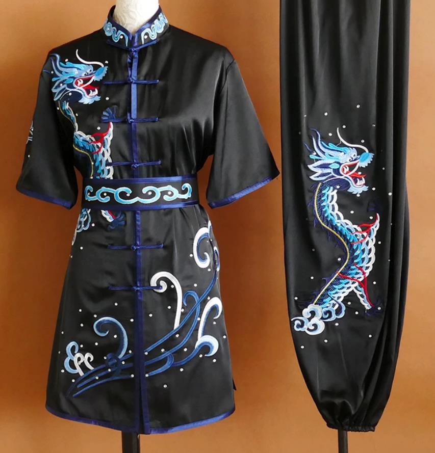 Black Embroidered Dragon Martial Arts Uniform Professional Wushu Competition Suit Changquan Performance Costume