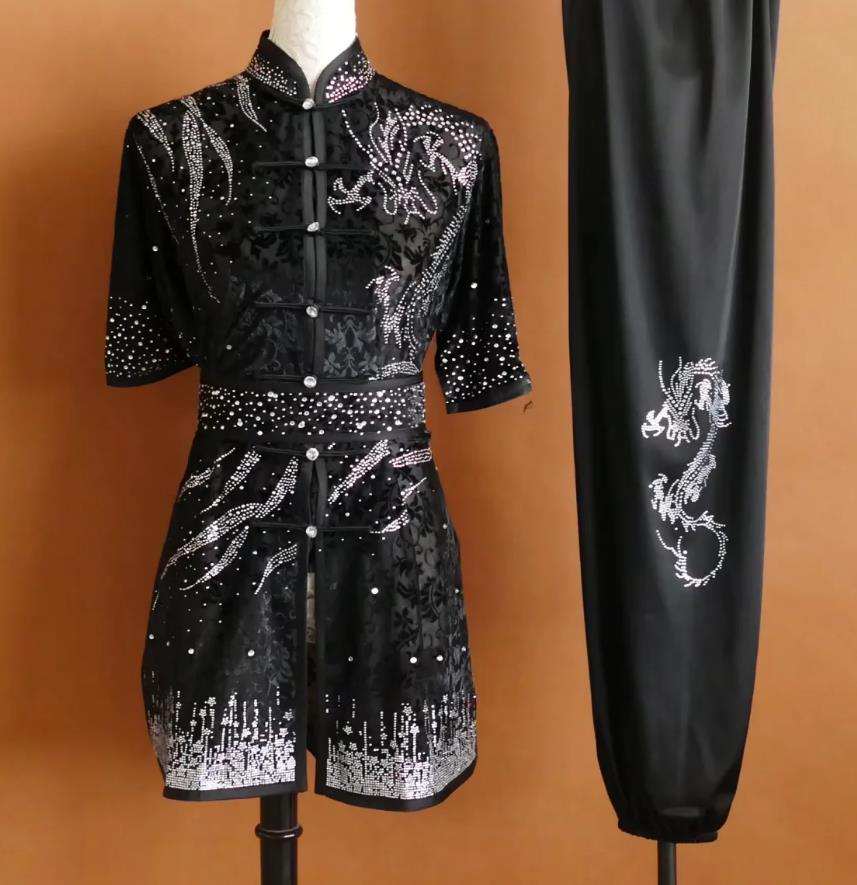Black Hollow Velvet Martial Arts Uniform Rhinestone Wushu Training Suit Changquan Taolu Competition Performance Costume