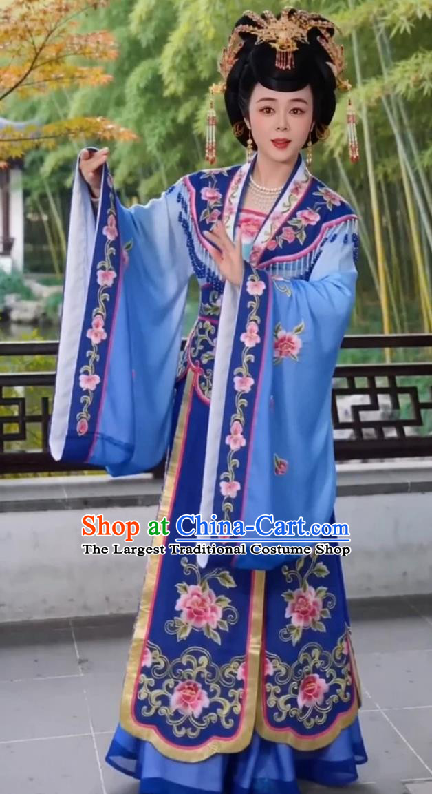 Young Female Roles Opera Clothing Ancient Chinese Princess Royal Blue Dress Embroidery Yue Opera Hua Dan Costume